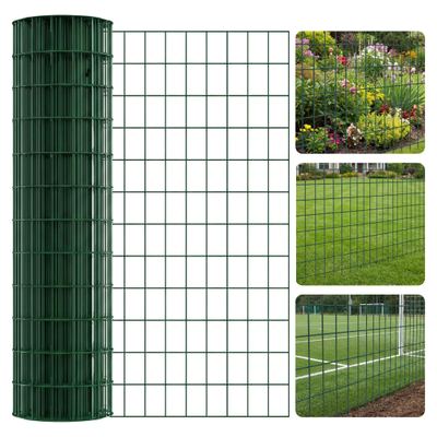 Galvanised chicken wire fencing roll unrolled beside fence posts in a garden run